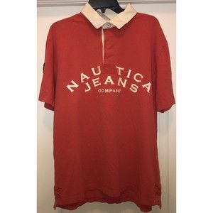 XL vintage Nautica Jeans spell out logo name rugby style polo shirt red collar